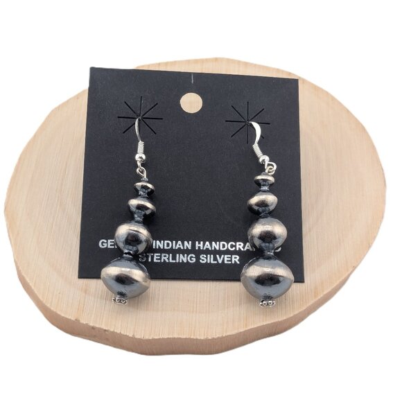 Navajo Pearls Graduated Sterling Silver Dangle Earrings Saucer Beaded Jewelry ** - Picture 4 of 10